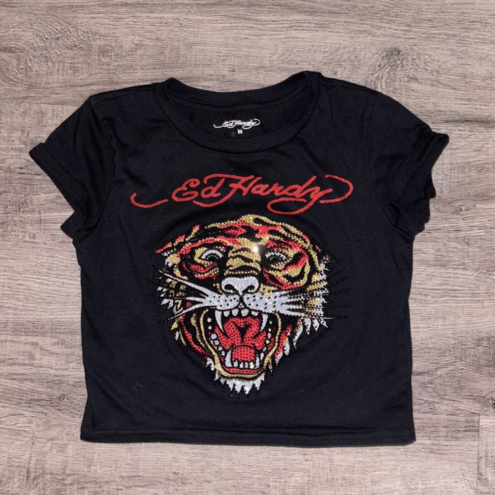 Ed Hardy Black baby tee with Tiger rhinestone design